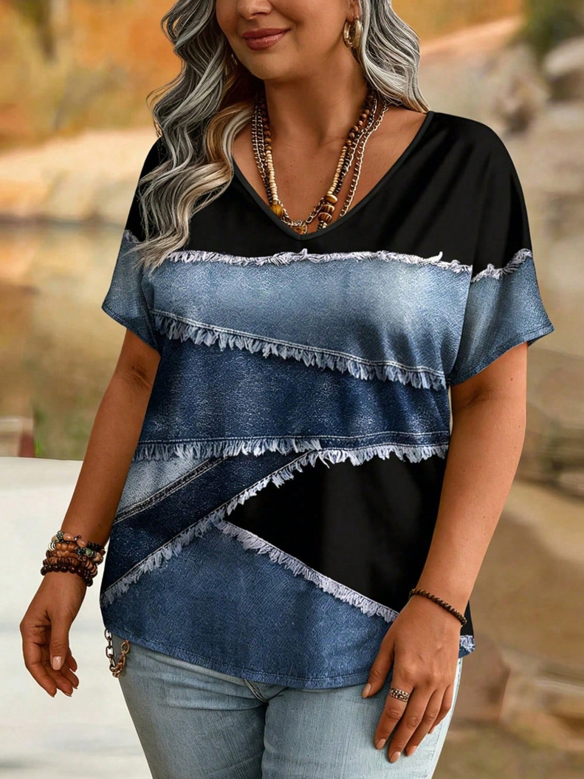 Women's Plus Size Denim Effect V-Neck T-Shirt