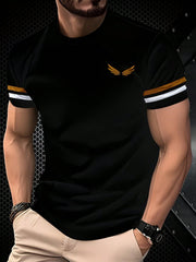 Men's Casual Wing Print Striped Cuff Short Sleeve T-Shirt