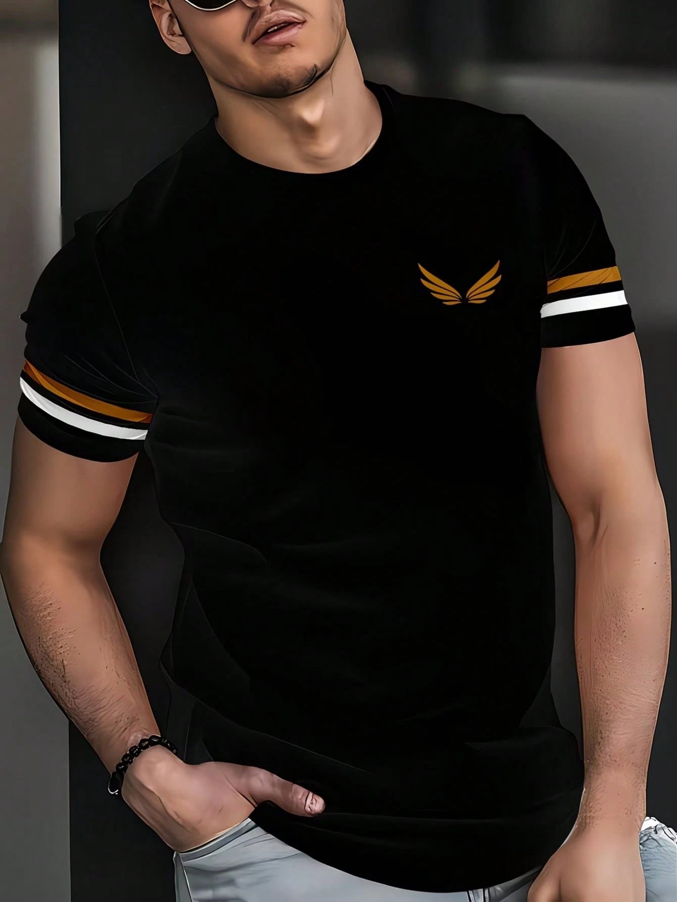 Men's Casual Wing Print Striped Cuff Short Sleeve T-Shirt