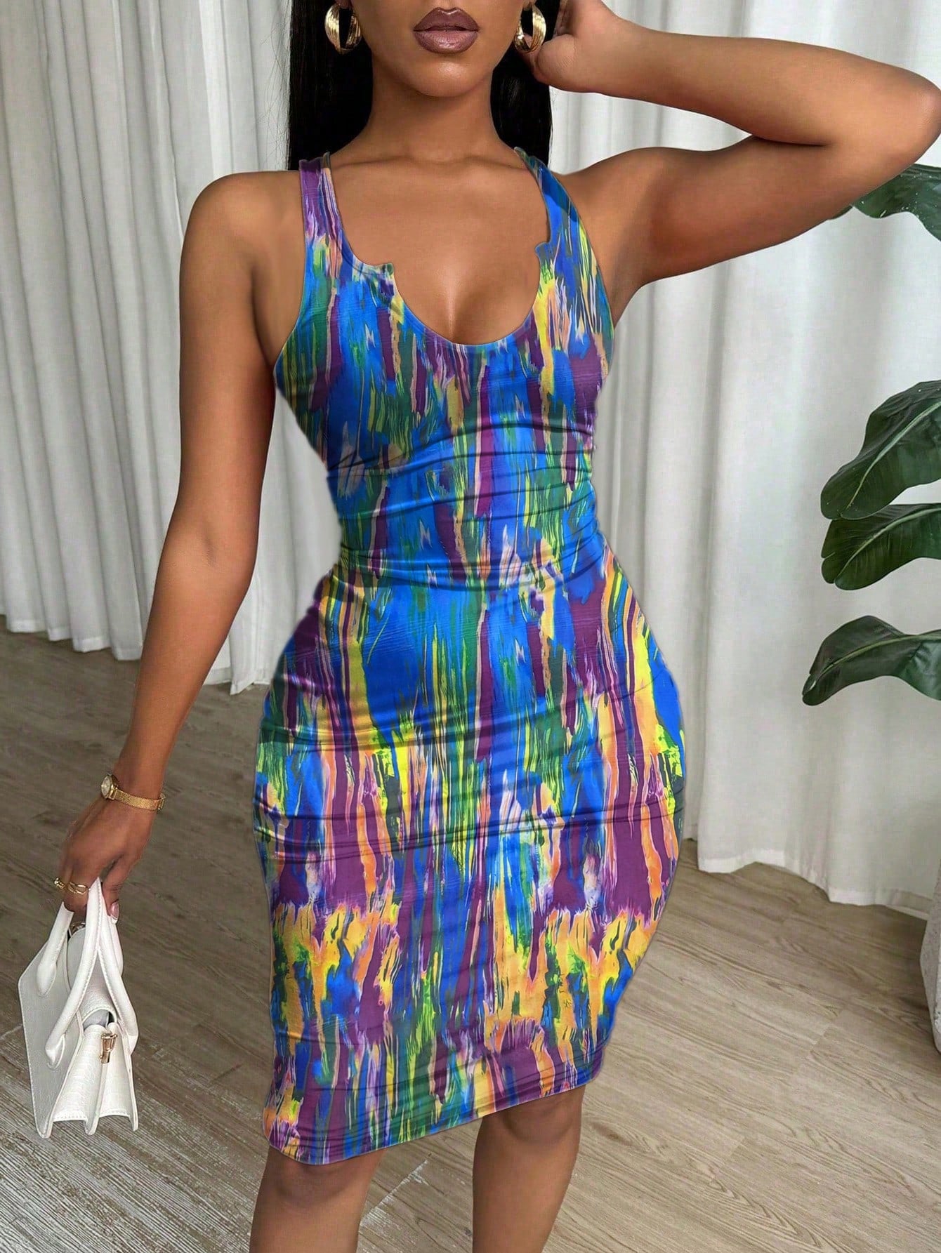 Eryvara Tie-Dye Pleated Slim Fit Sleeveless Bodycon Dress