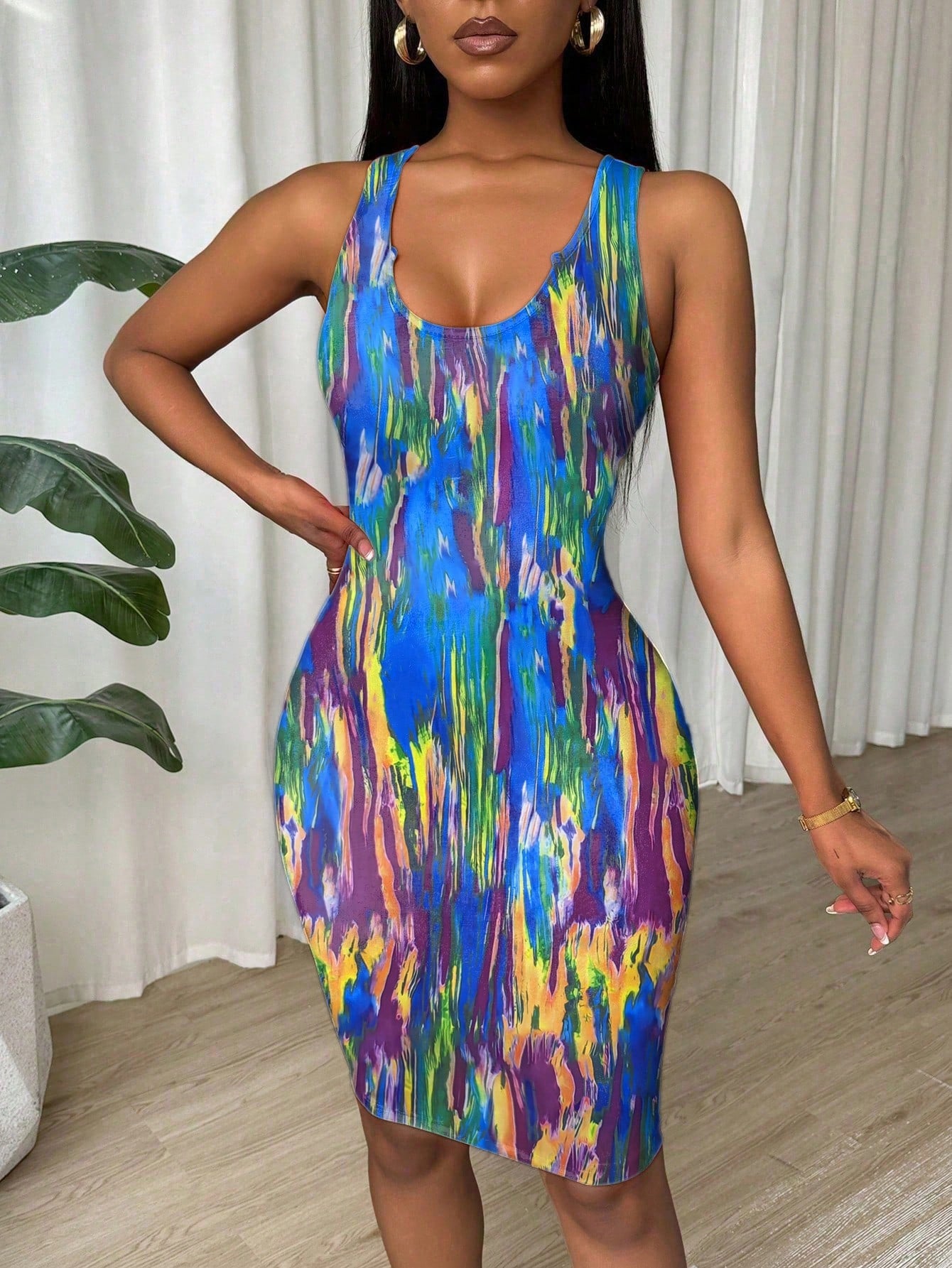 Eryvara Tie-Dye Pleated Slim Fit Sleeveless Bodycon Dress