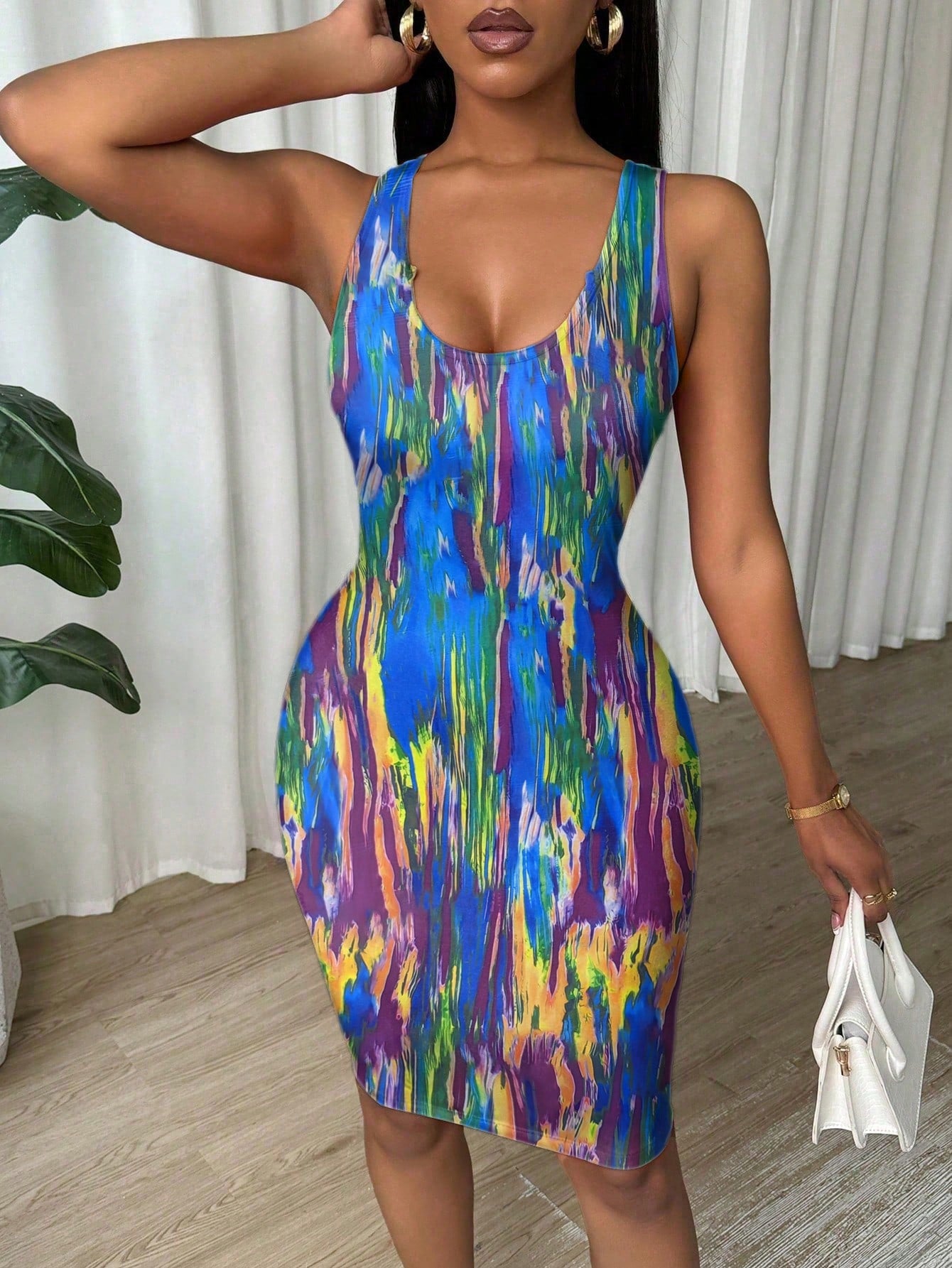 Eryvara Tie-Dye Pleated Slim Fit Sleeveless Bodycon Dress
