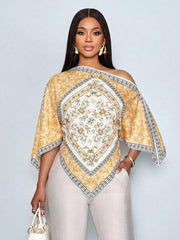 Women's Tropical Floral Print Asymmetrical Neck Batwing Top