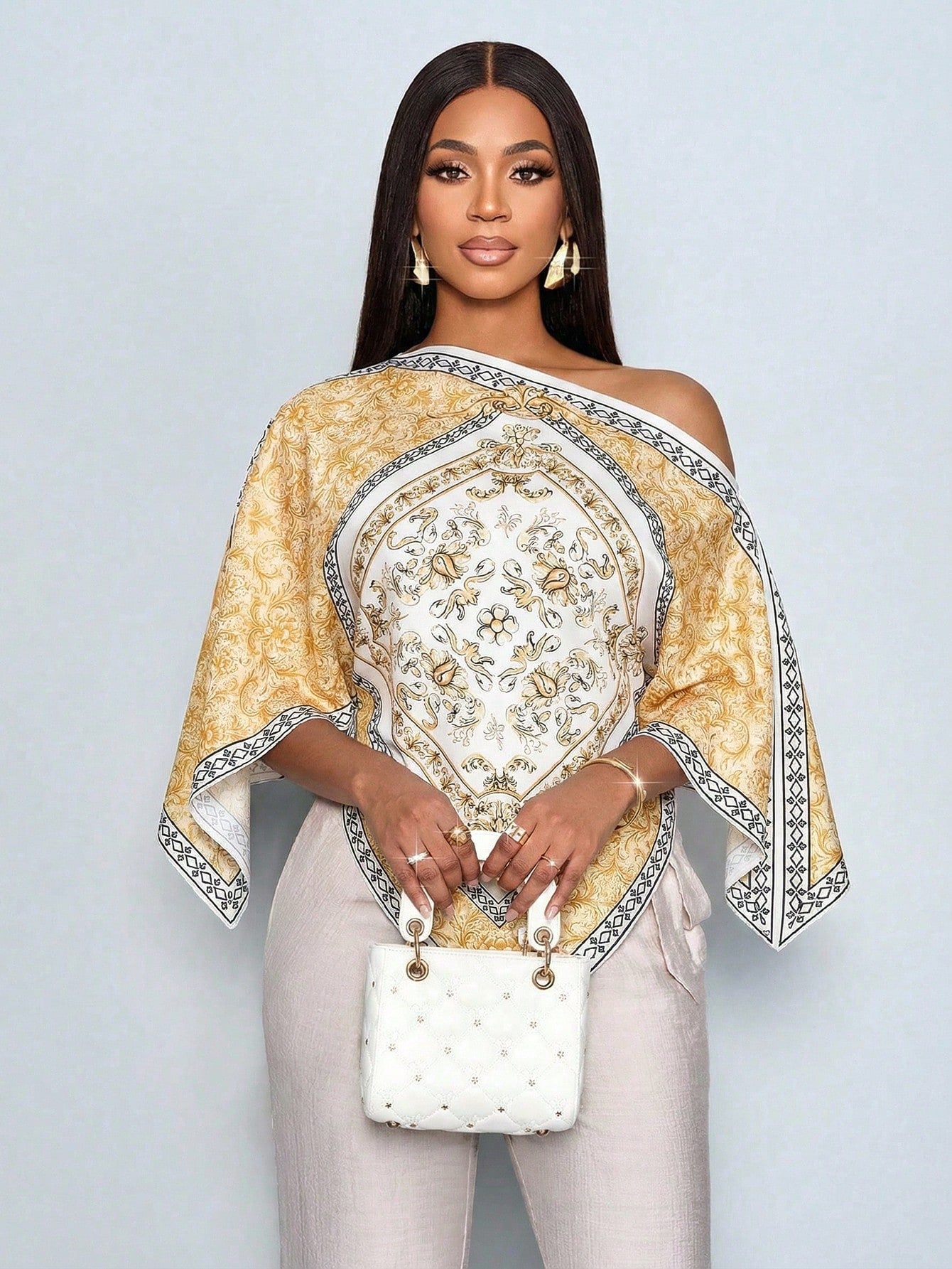 Women's Tropical Floral Print Asymmetrical Neck Batwing Top