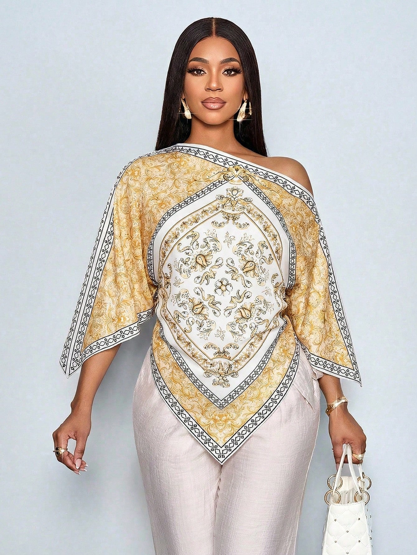 Women's Tropical Floral Print Asymmetrical Neck Batwing Top