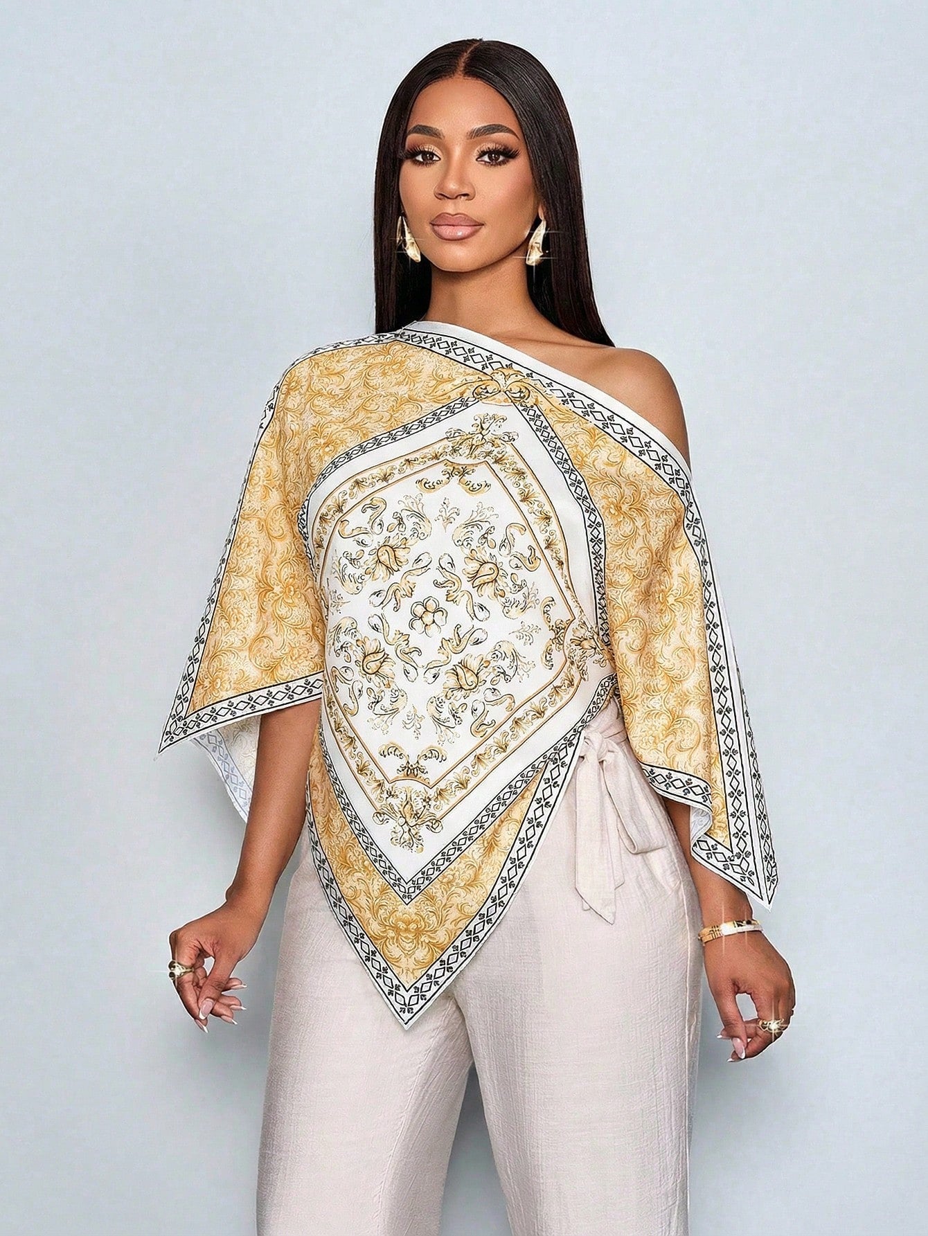 Women's Tropical Floral Print Asymmetrical Neck Batwing Top