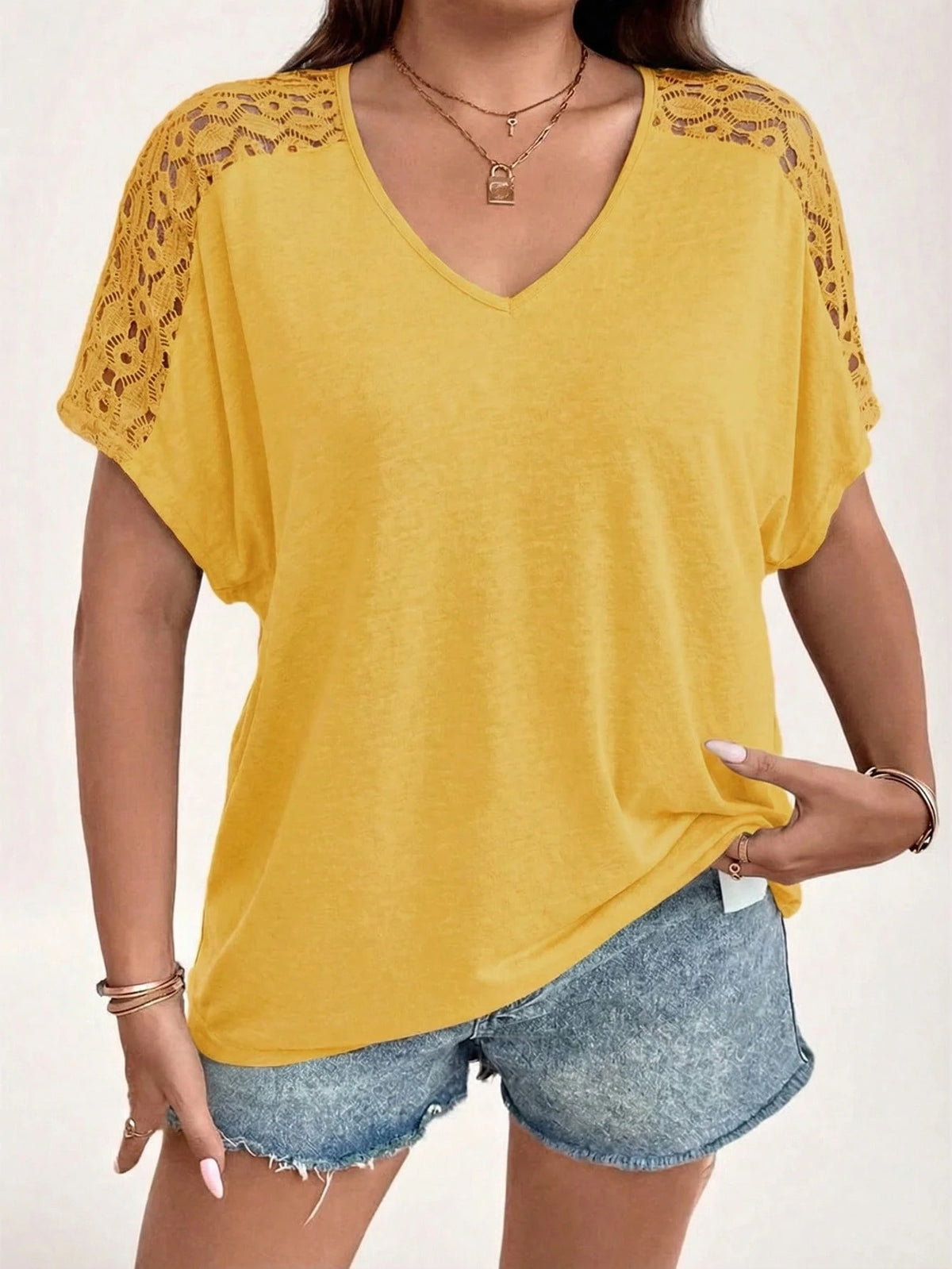 Women's Plus Size Lace Patchwork V-Neck Short Sleeve Casual T-Shirt