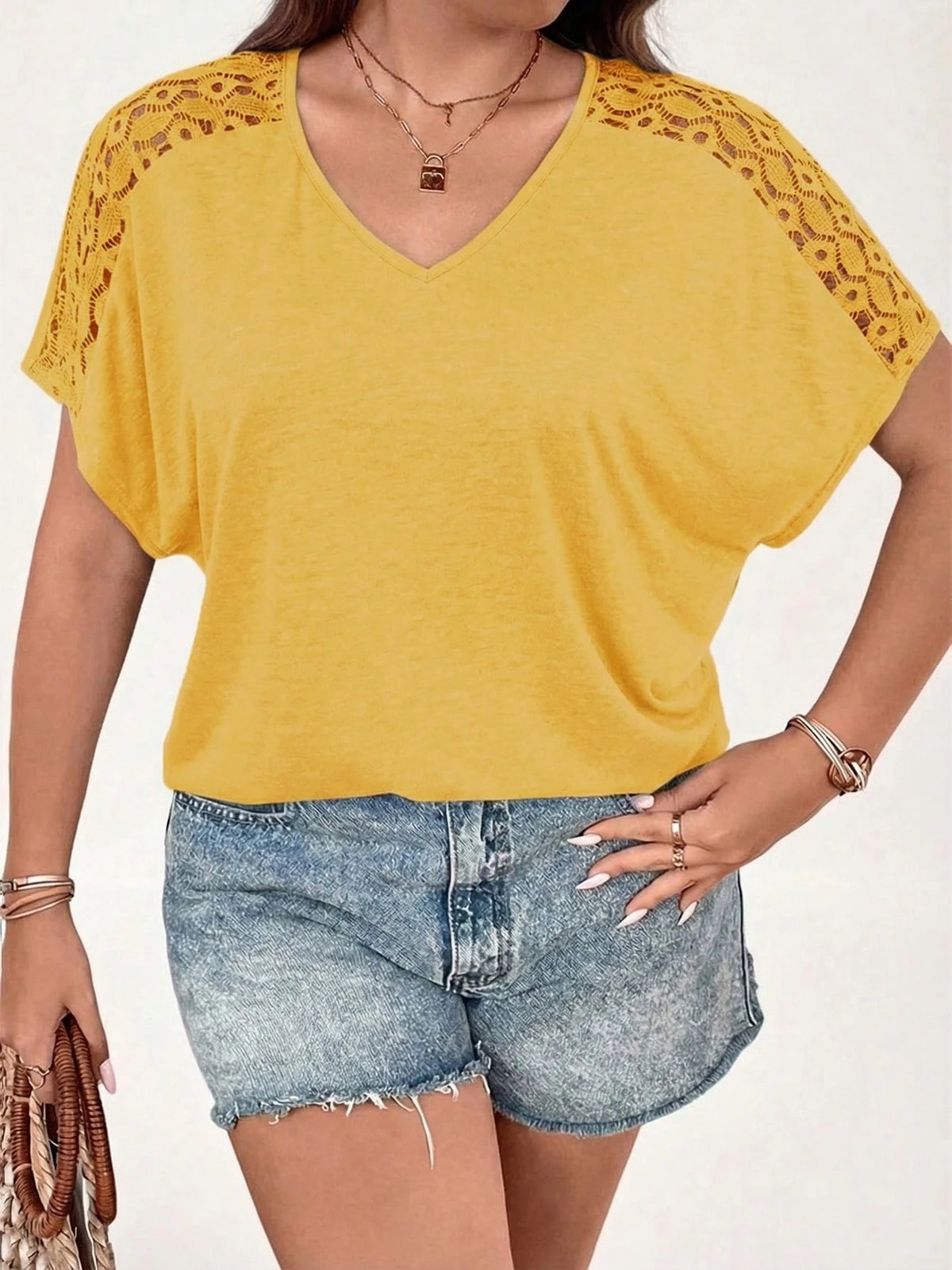 Women's Plus Size Lace Patchwork V-Neck Short Sleeve Casual T-Shirt