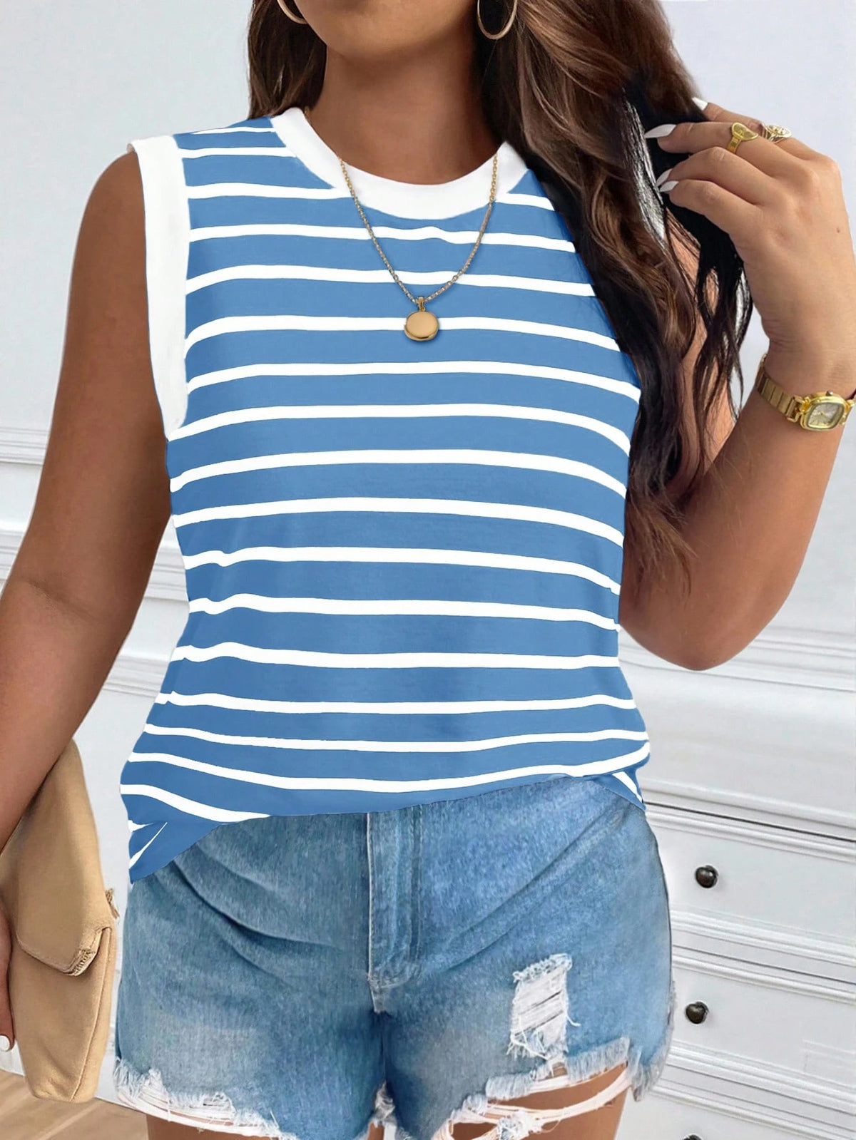 Women's Plus Size Striped Ribbed Knit Tank Top