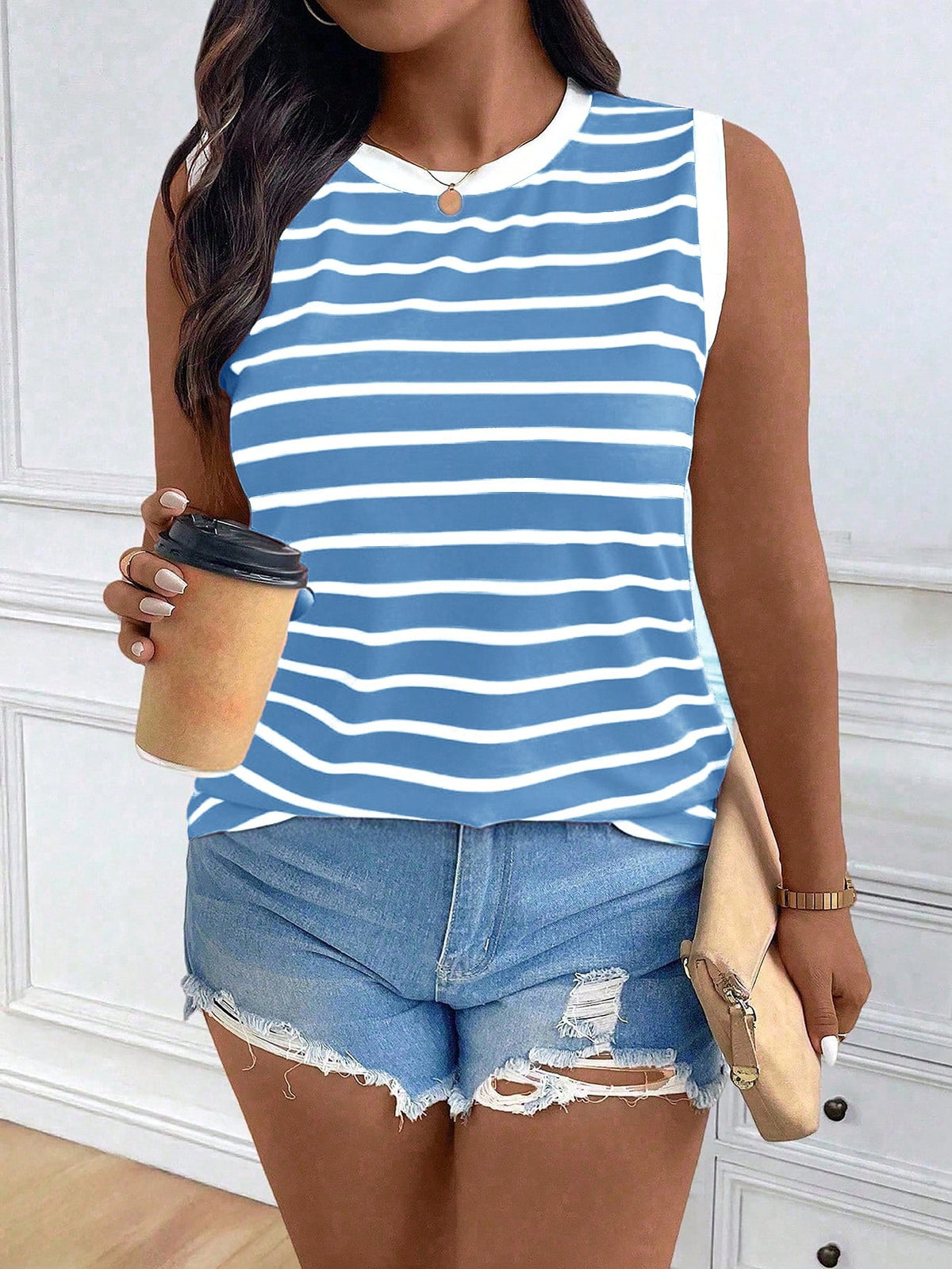 Women's Plus Size Striped Ribbed Knit Tank Top