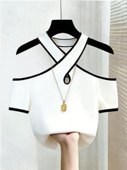 Women's Contrast Trim Off Shoulder Fashion Elegant T-Shirt