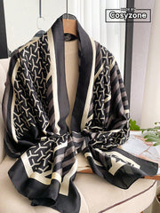 SHEIN Geometric Print Faux Silk Scarf Versatile Beach Shawl Black