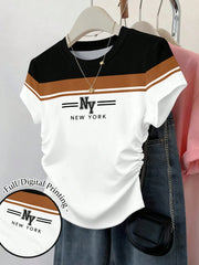 Women's Striped Graphic Patchwork Short Sleeve T-Shirt
