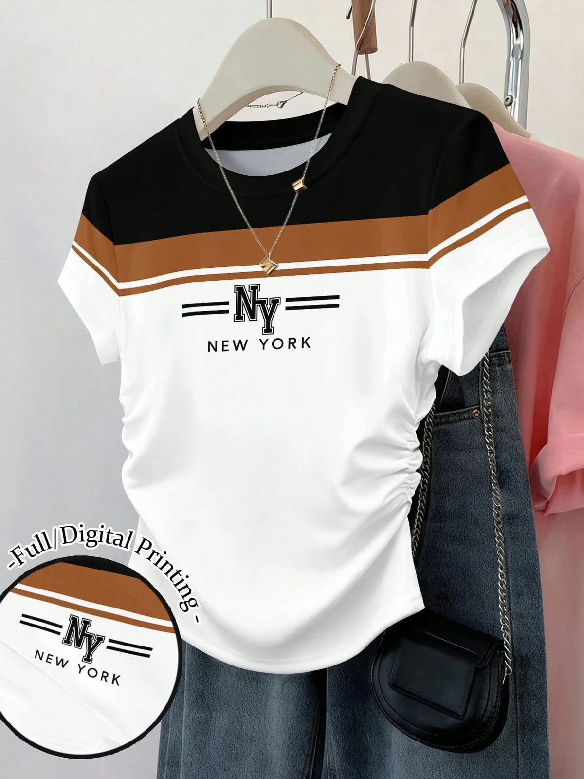 Women's Striped Graphic Patchwork Short Sleeve T-Shirt
