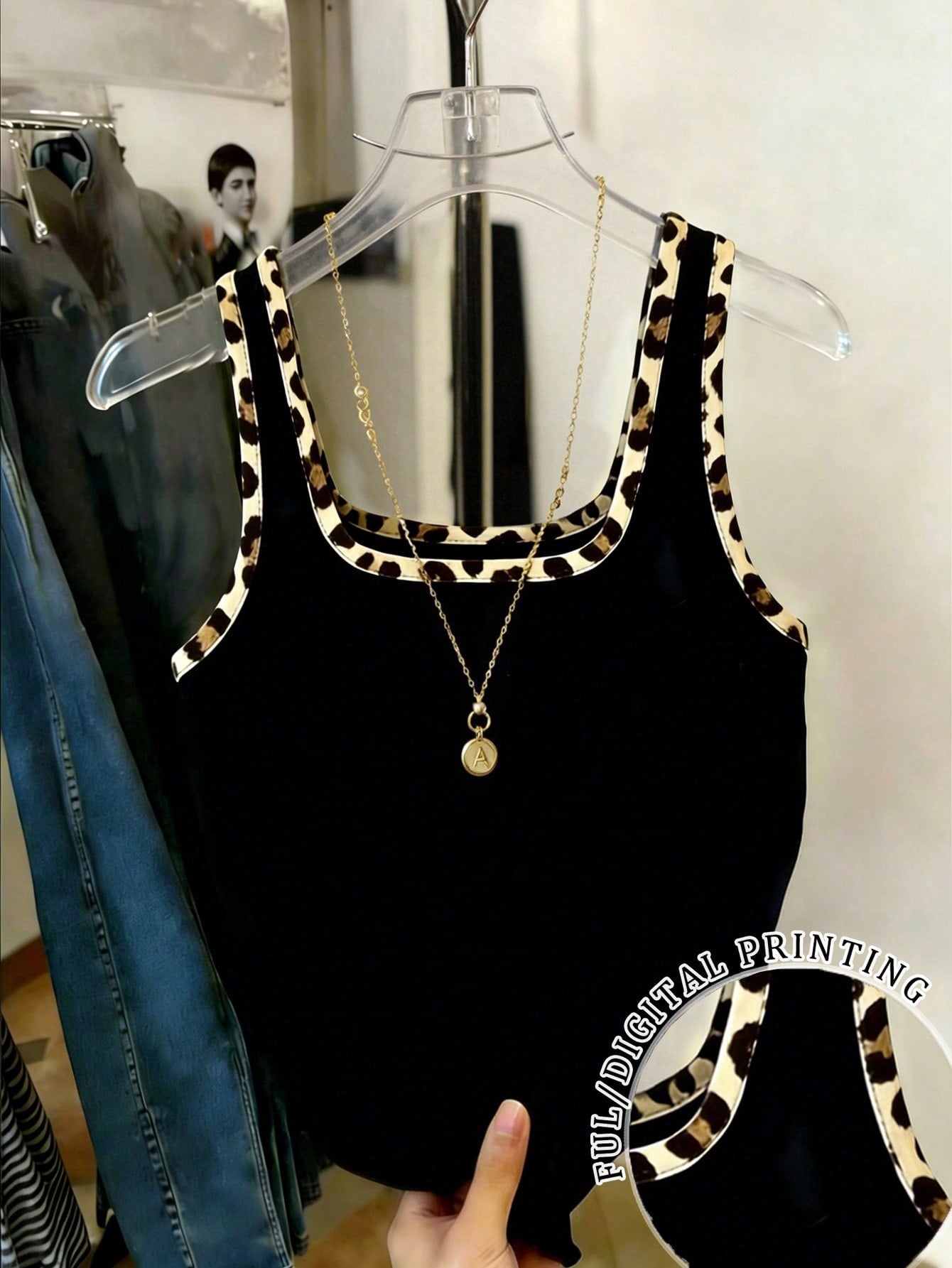 Resyla Women's Leopard Print Patchwork Fitted Tank Top Black