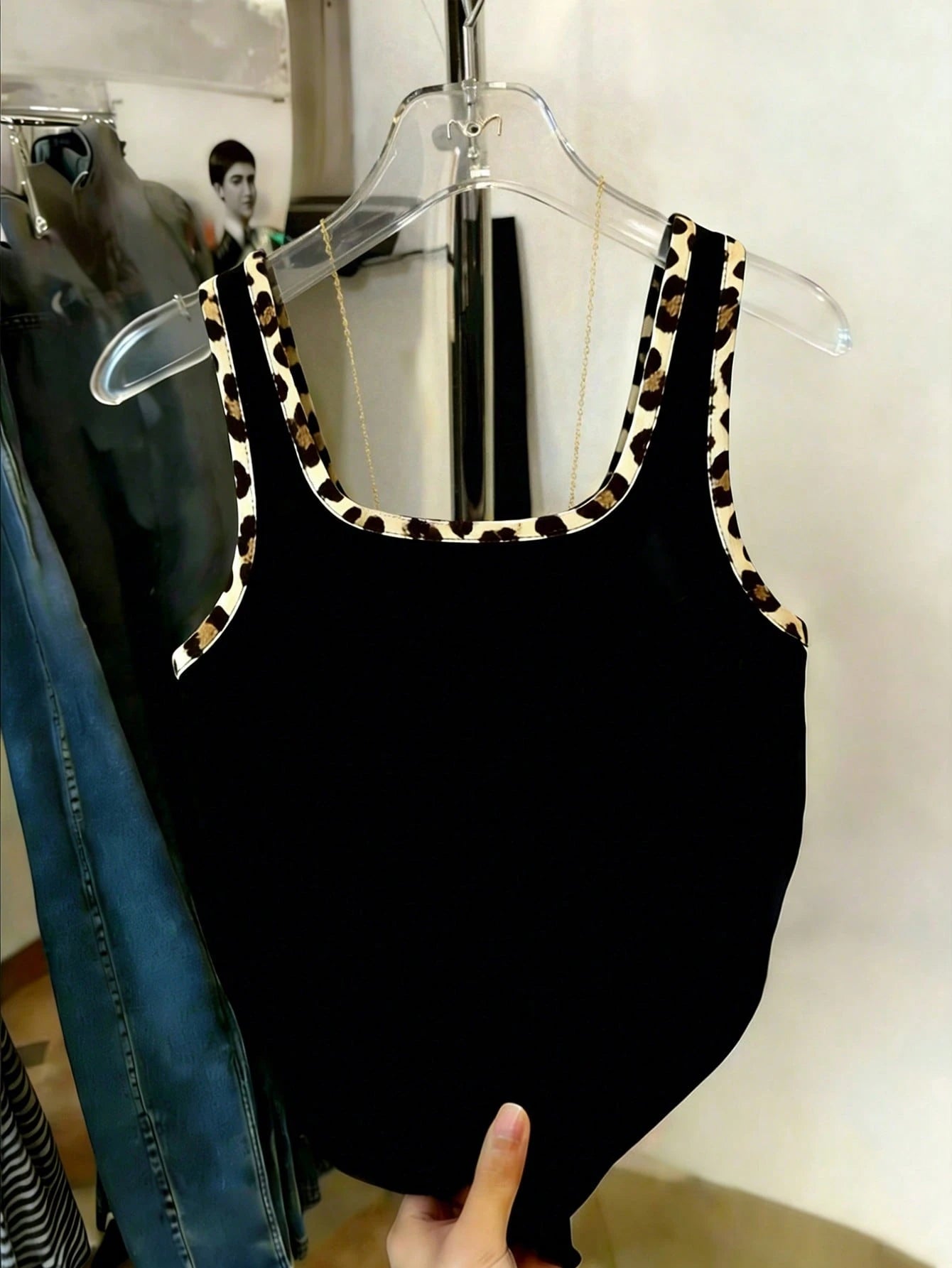 Resyla Women's Leopard Print Patchwork Fitted Tank Top Black