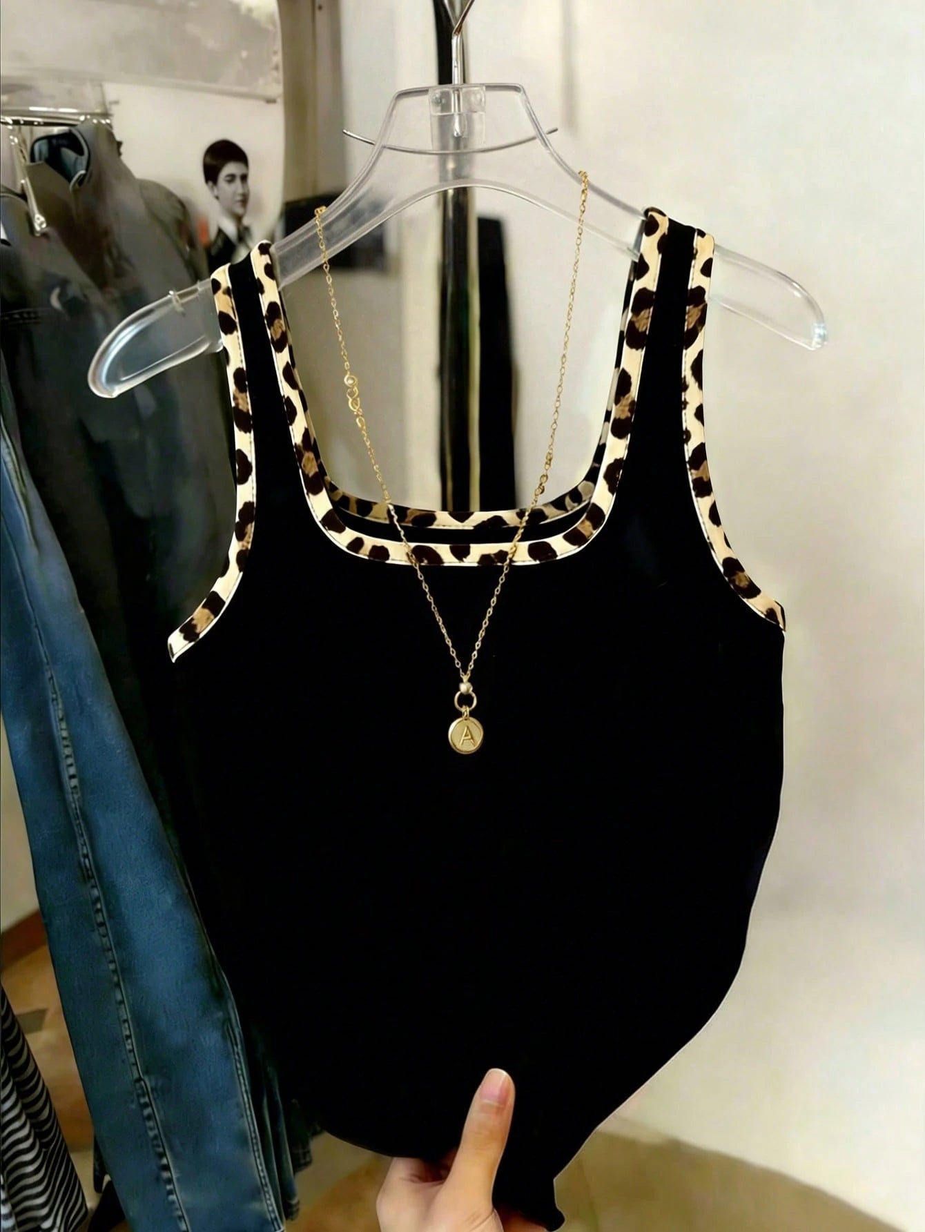 Resyla Women's Leopard Print Patchwork Fitted Tank Top Black