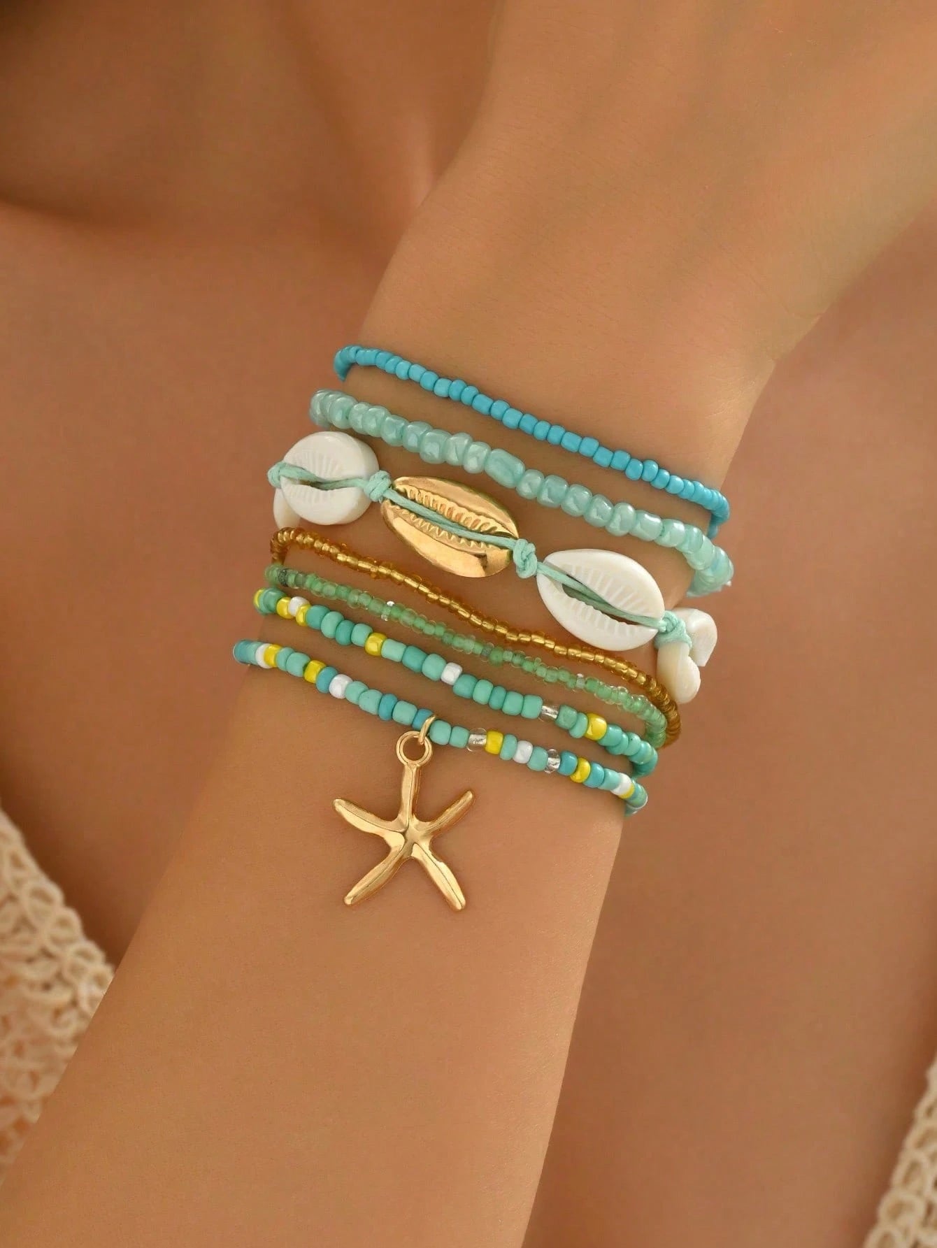 Women's Ocean Style Starfish Shell Pendant Beaded Bracelets Set