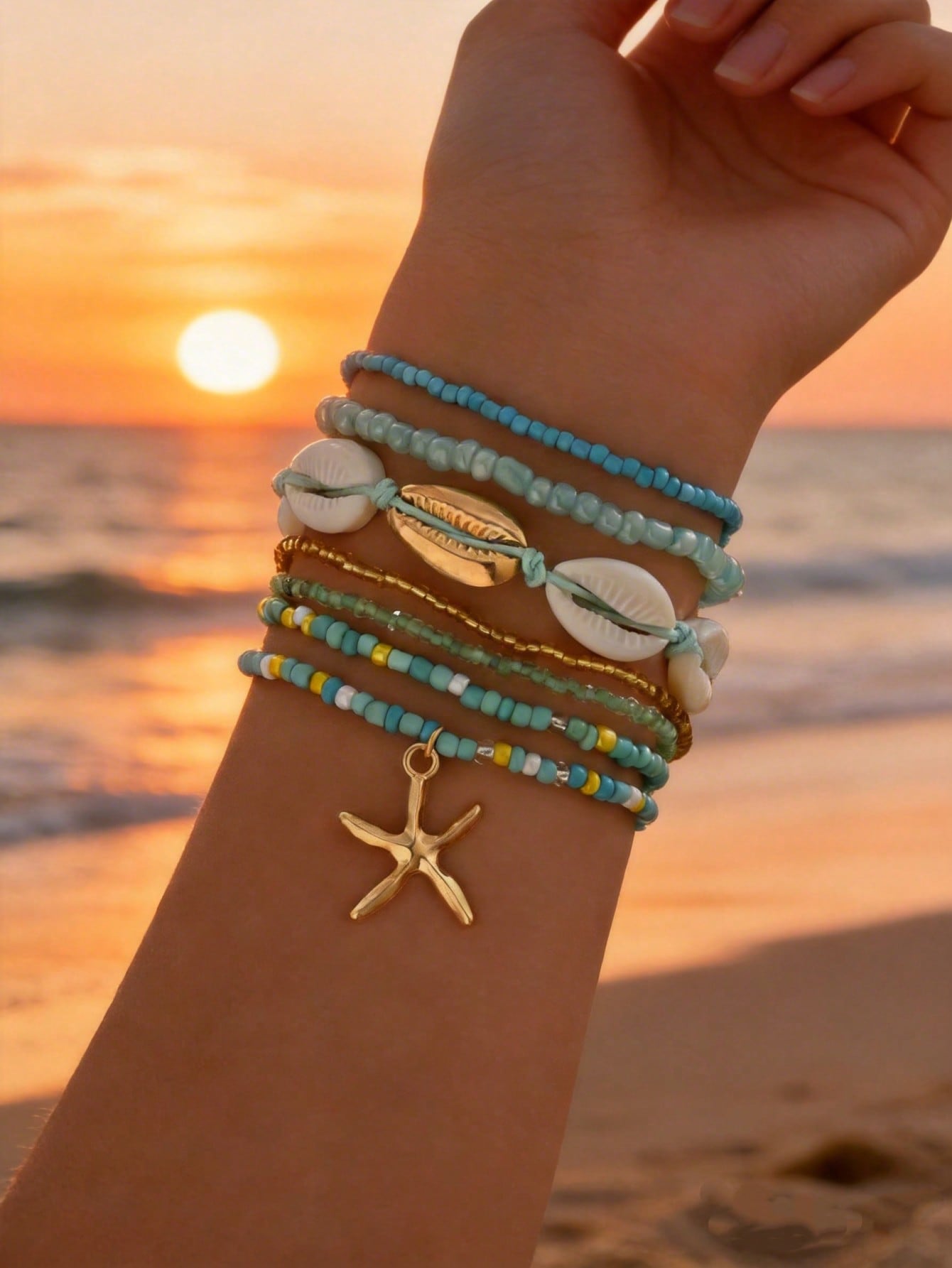 Women's Ocean Style Starfish Shell Pendant Beaded Bracelets Set
