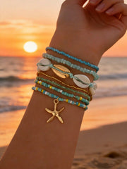 Women's Ocean Style Starfish Shell Pendant Beaded Bracelets Set
