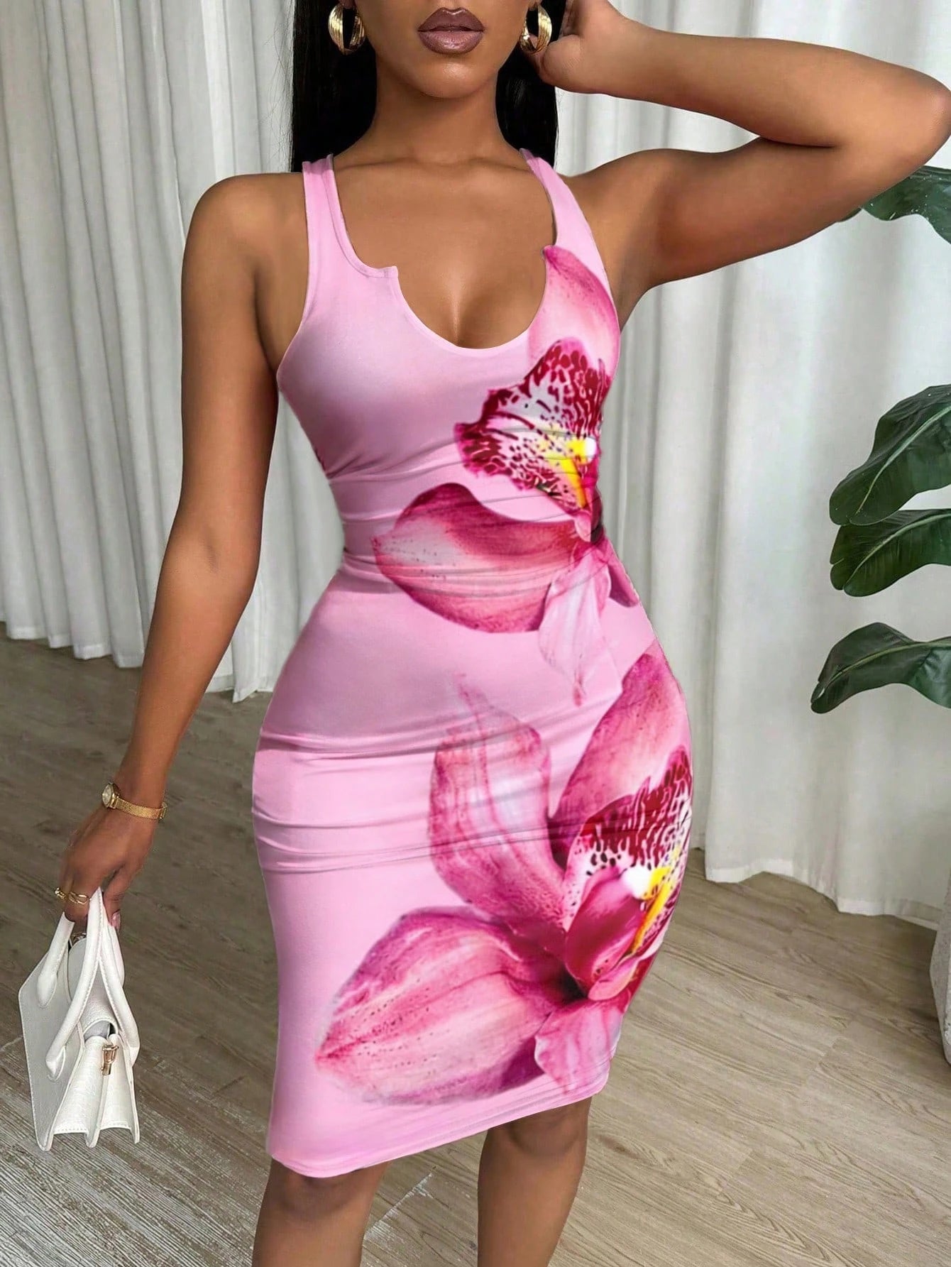 Women's Ruched Wrap V-Neck Sleeveless Bodycon Mini Tank Dress Pink