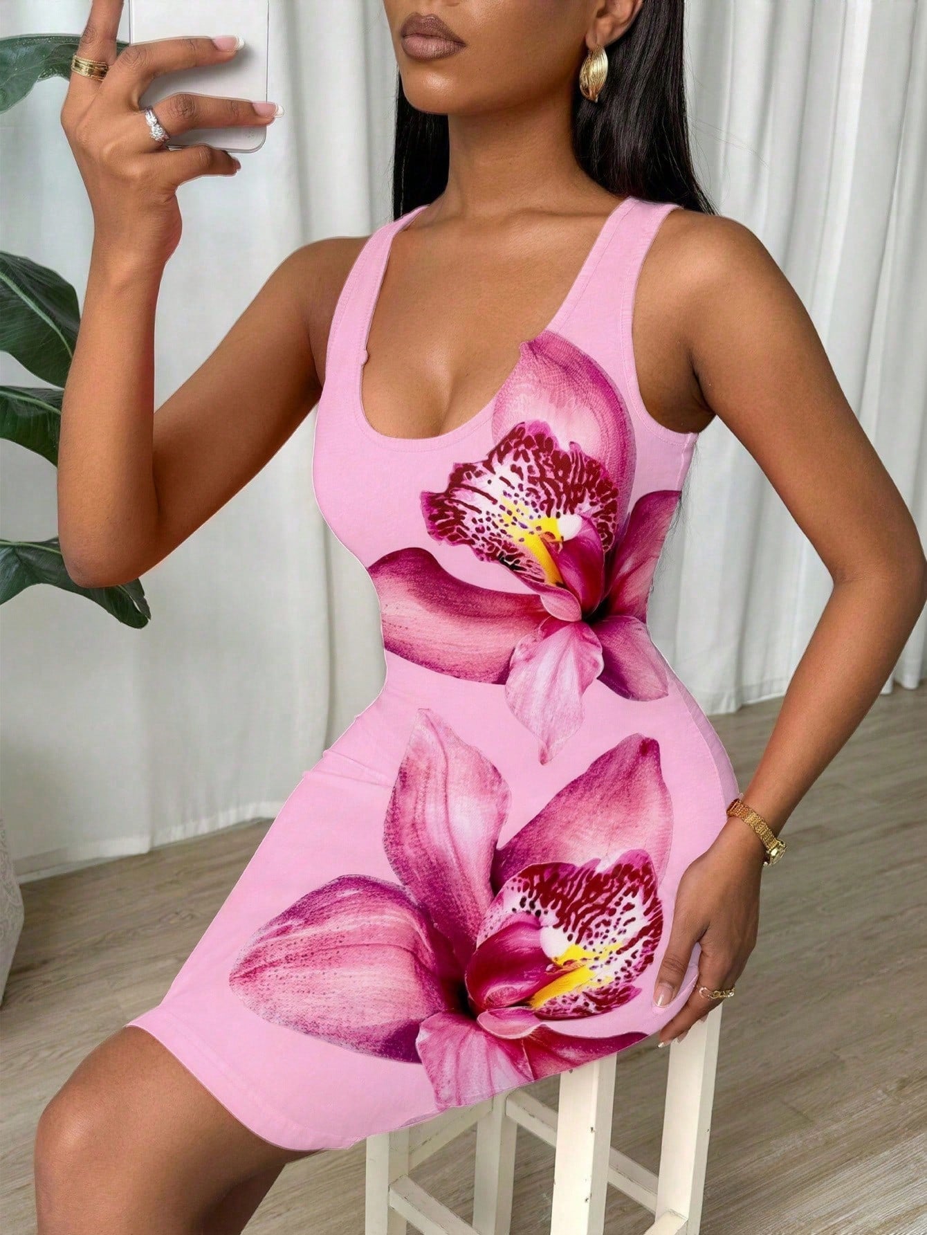 Women's Ruched Wrap V-Neck Sleeveless Bodycon Mini Tank Dress Pink