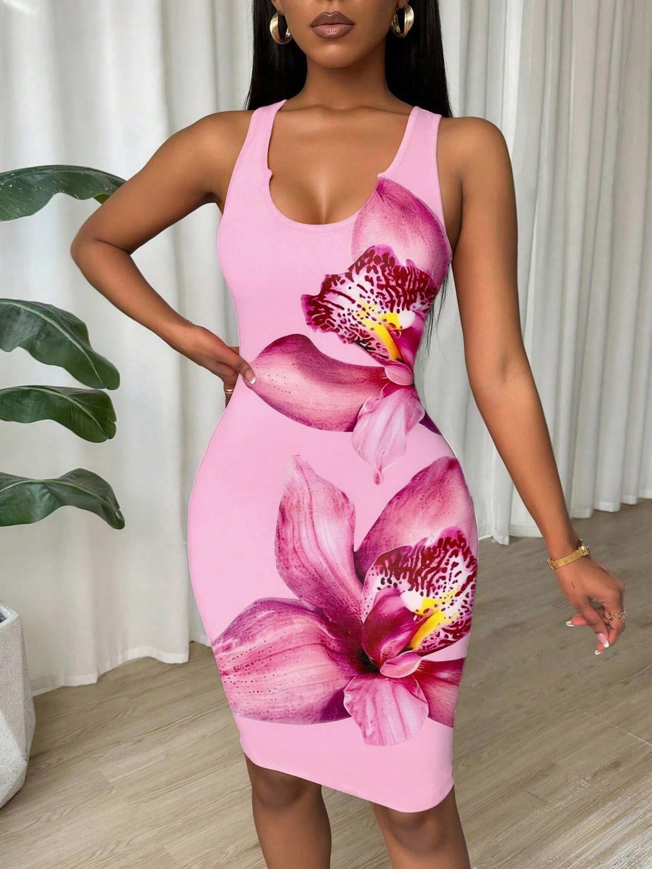 Women's Ruched Wrap V-Neck Sleeveless Bodycon Mini Tank Dress Pink