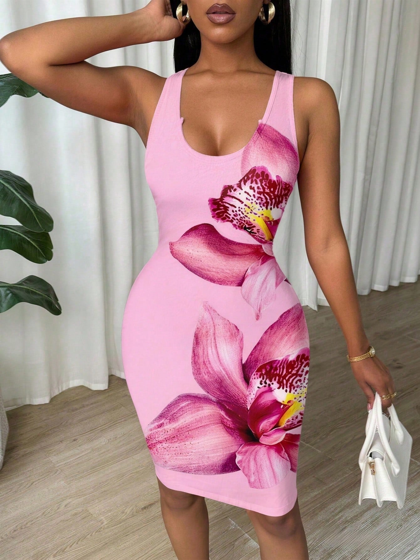 Women's Ruched Wrap V-Neck Sleeveless Bodycon Mini Tank Dress Pink