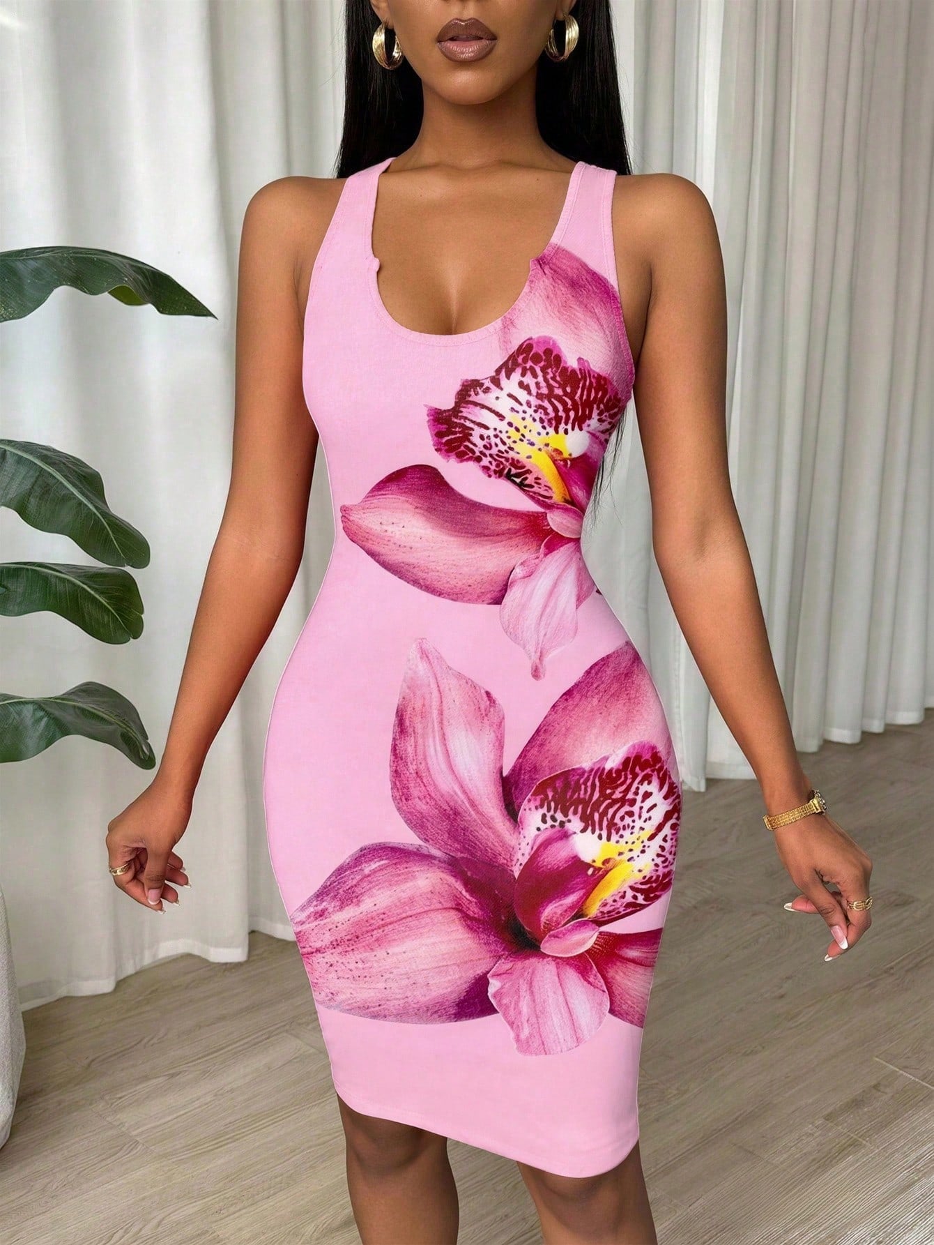Women's Ruched Wrap V-Neck Sleeveless Bodycon Mini Tank Dress Pink