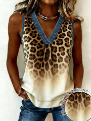 Women's Gradient Leopard Denim Print Sleeveless V-Neck Blouse