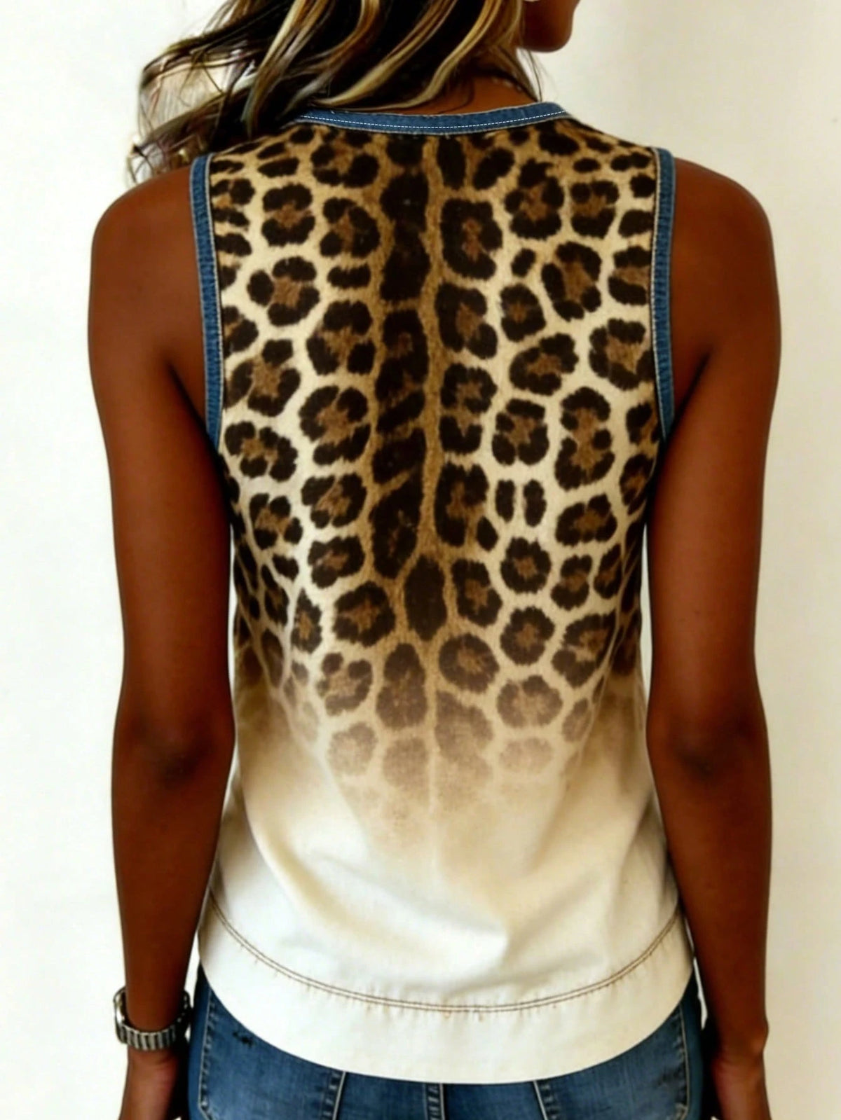 Women's Gradient Leopard Denim Print Sleeveless V-Neck Blouse