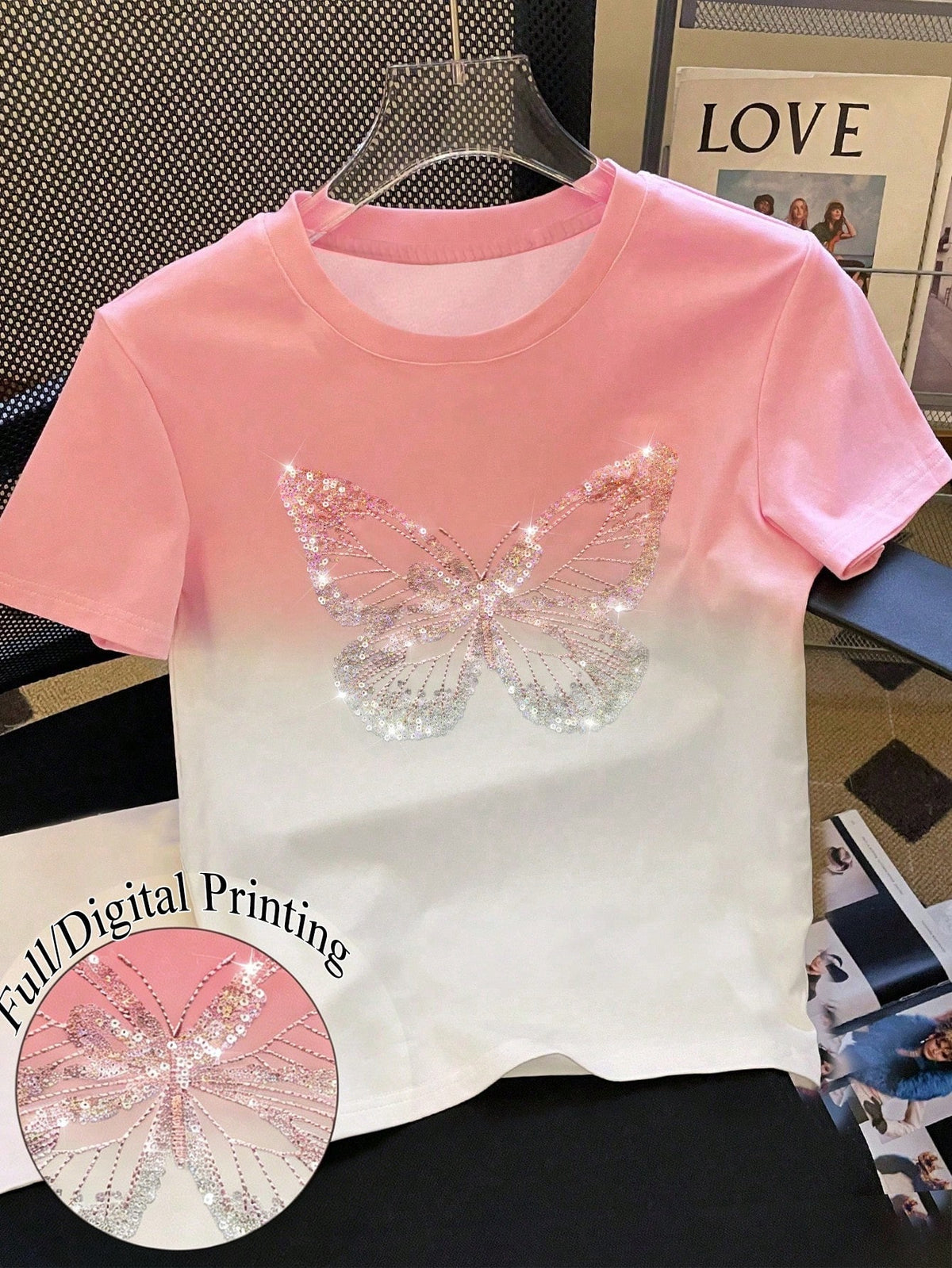 Girls' Ombre Gradient Sequin Butterfly Print T-Shirt