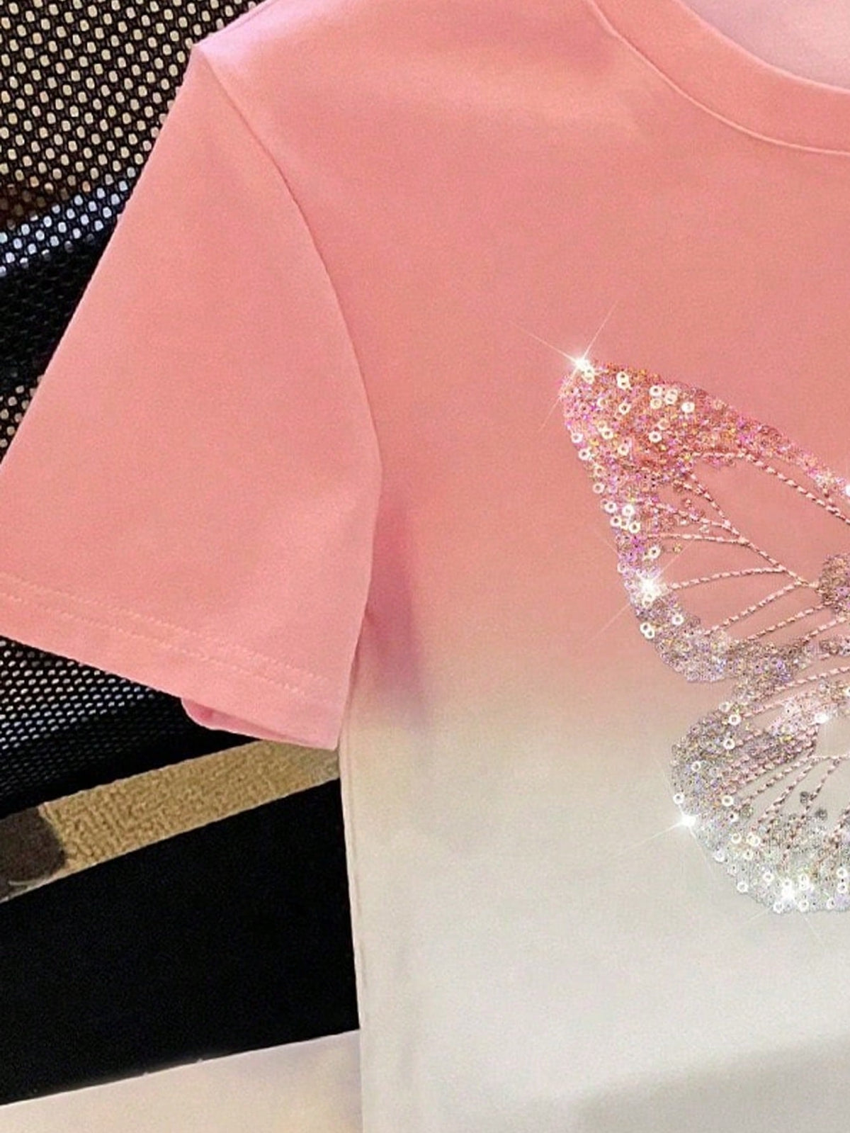 Girls' Ombre Gradient Sequin Butterfly Print T-Shirt