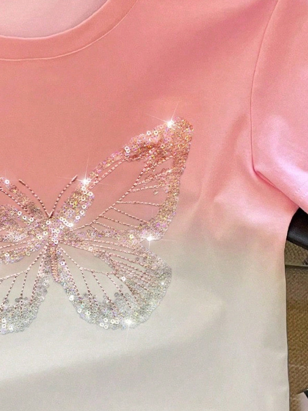 Girls' Ombre Gradient Sequin Butterfly Print T-Shirt