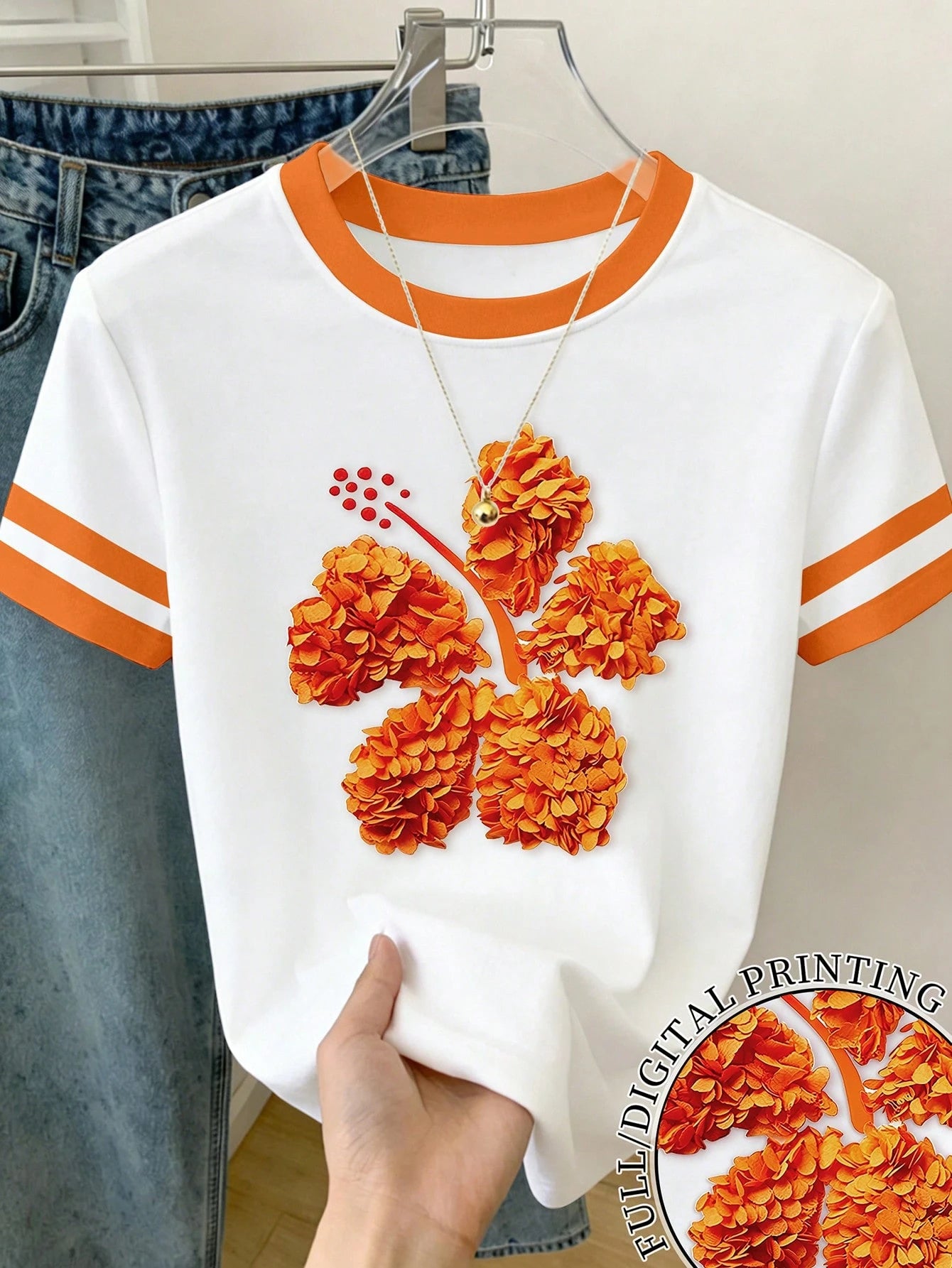 Women's 3D Floral Decor Casual Short Sleeve T-Shirt