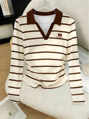 Women's Cherry Striped Ruched High Neck Long Sleeve Casual Top