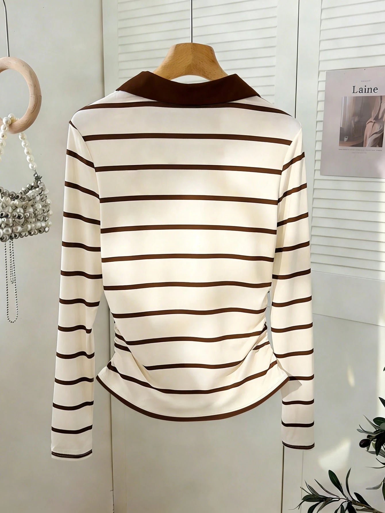 Women's Cherry Striped Ruched High Neck Long Sleeve Casual Top