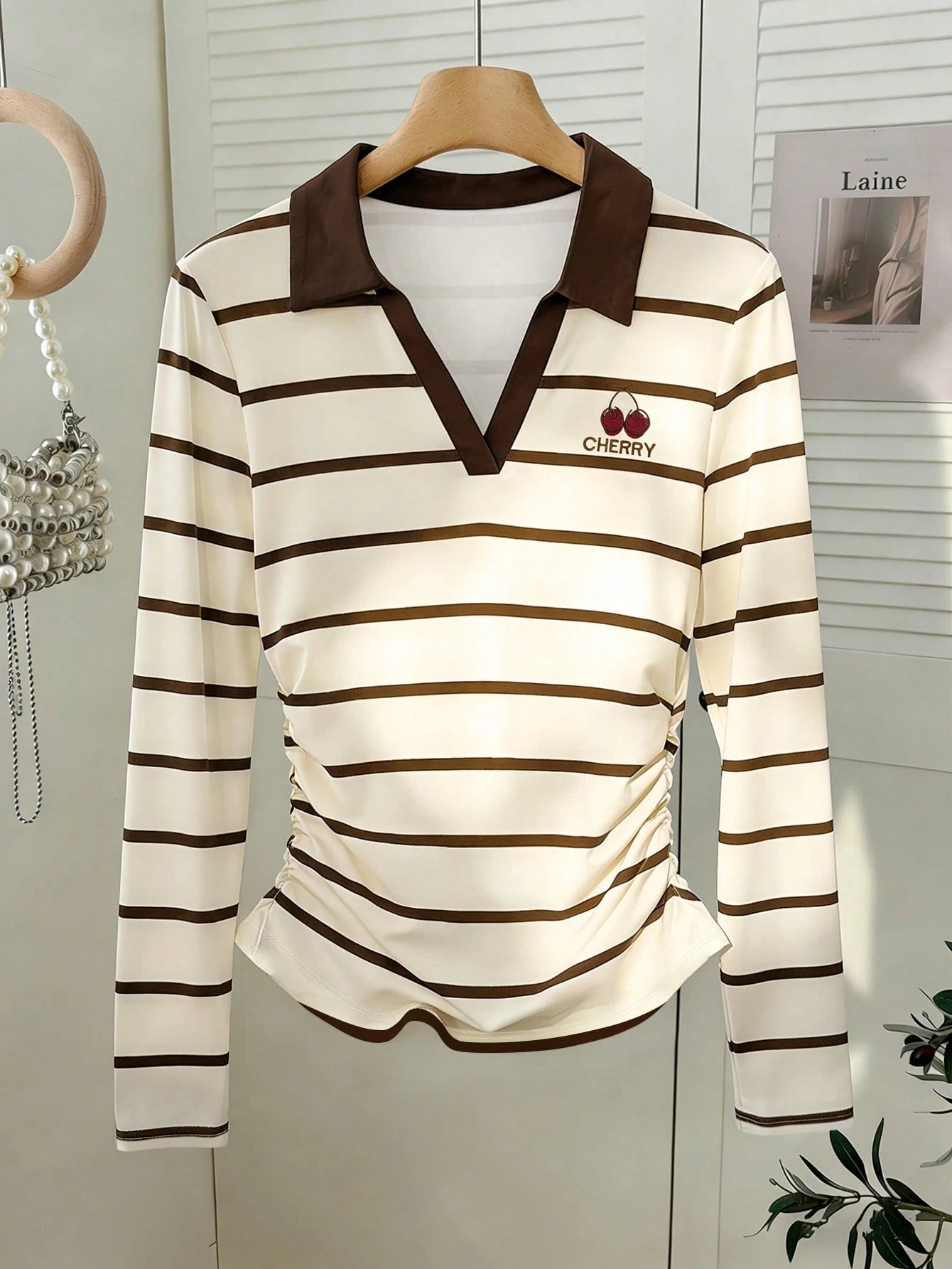 Women's Cherry Striped Ruched High Neck Long Sleeve Casual Top