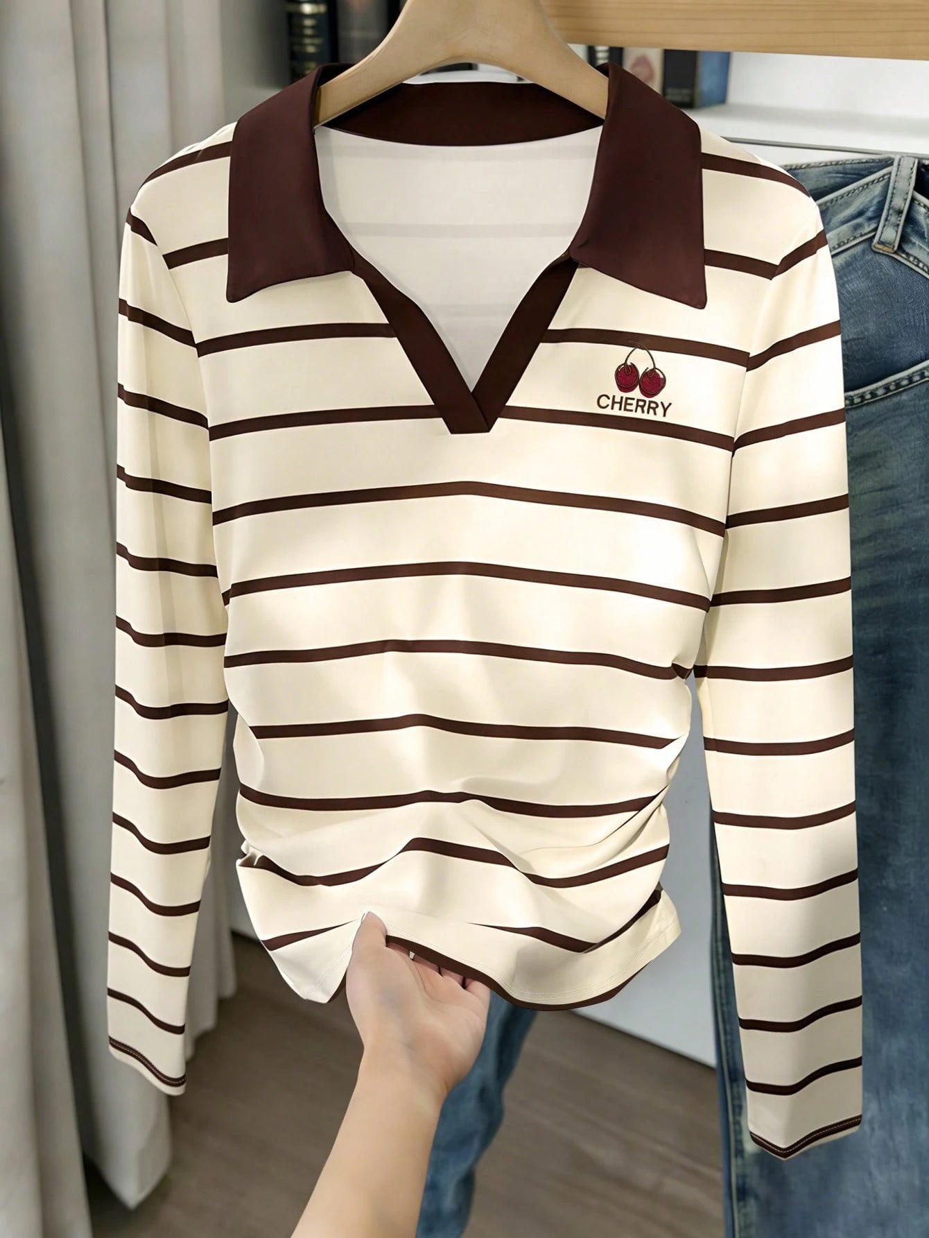 Women's Cherry Striped Ruched High Neck Long Sleeve Casual Top