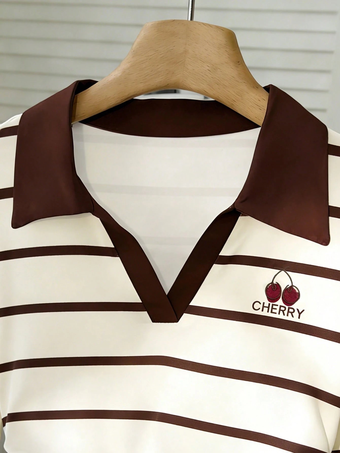 Women's Cherry Striped Ruched High Neck Long Sleeve Casual Top