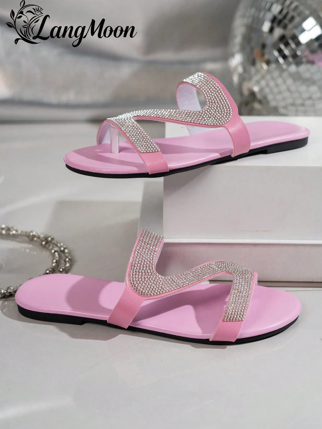 Women's Sparkly Rhinestone Z Strap Slip-On Flat Slide Sandals