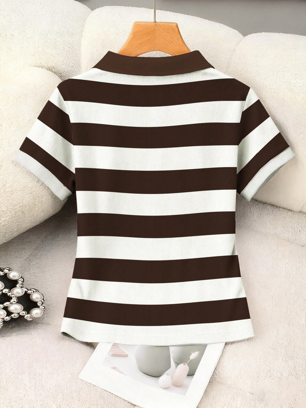 Women's Casual Colorblock Striped Collared Summer Pullover Top