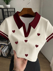Women's Heart Print Polo Collar Short Sleeve Top