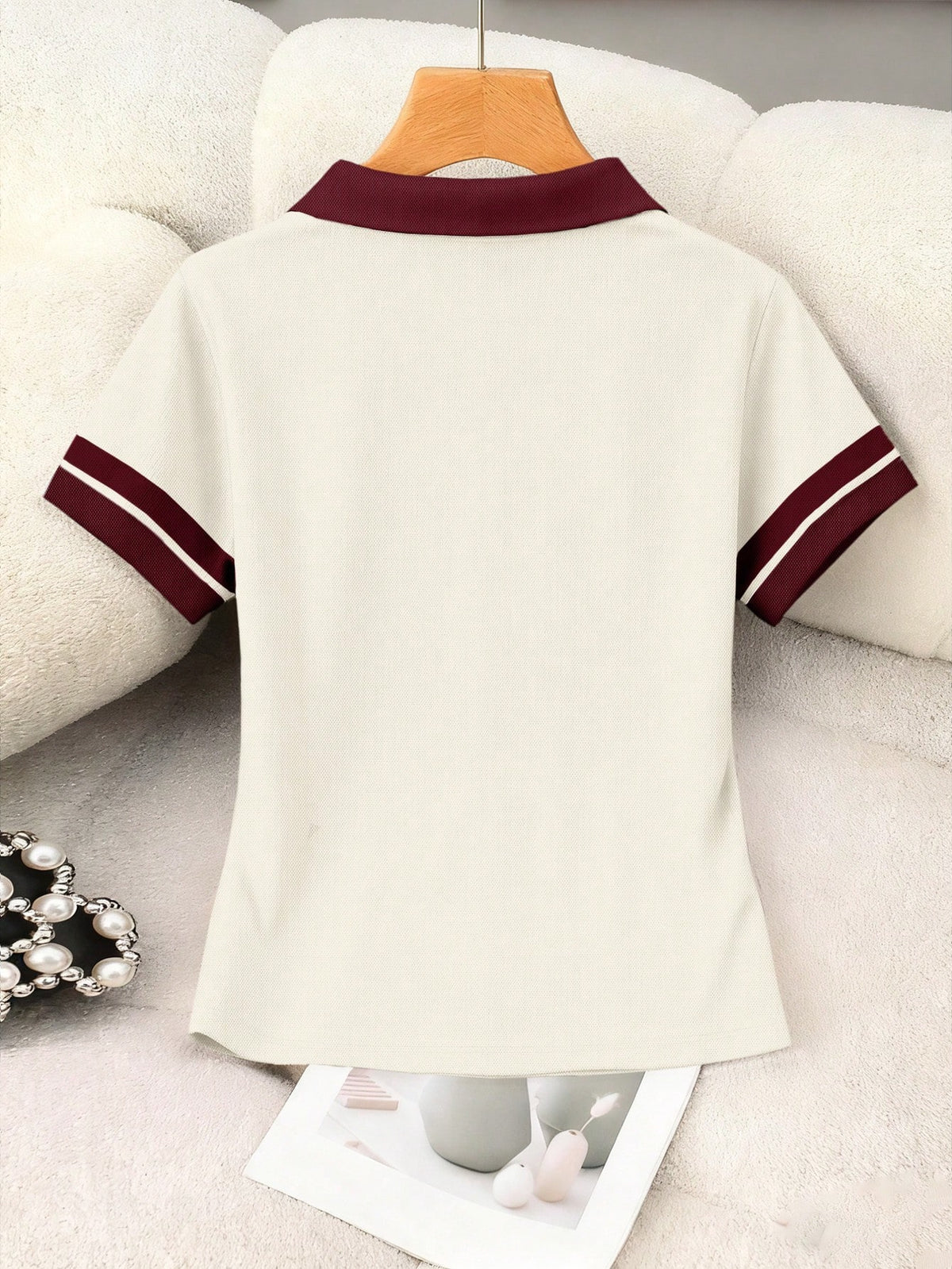 Women's Heart Print Polo Collar Short Sleeve Top