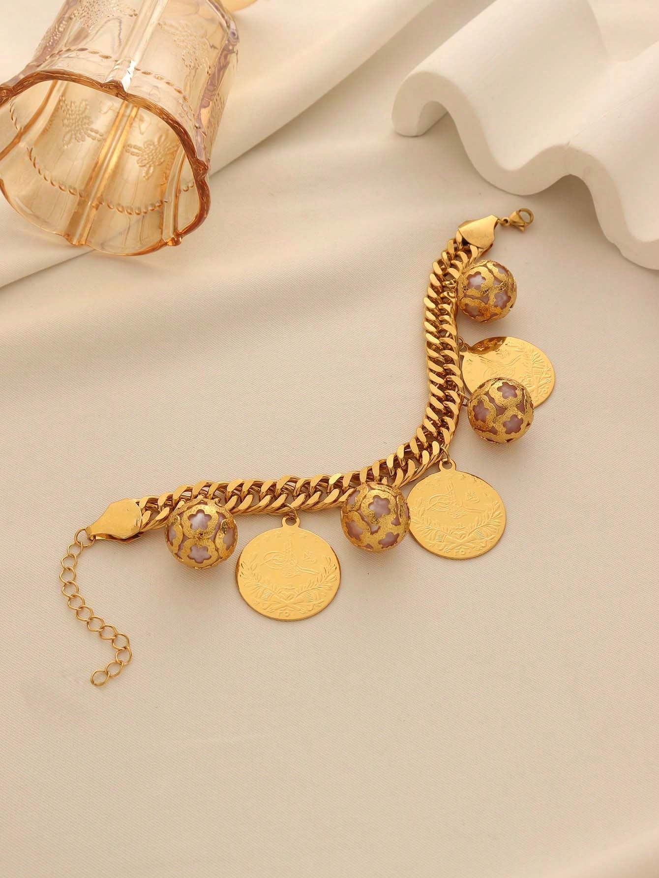 Women's Vintage Coin & Bell Charm Thick Cuban Chain Bracelet