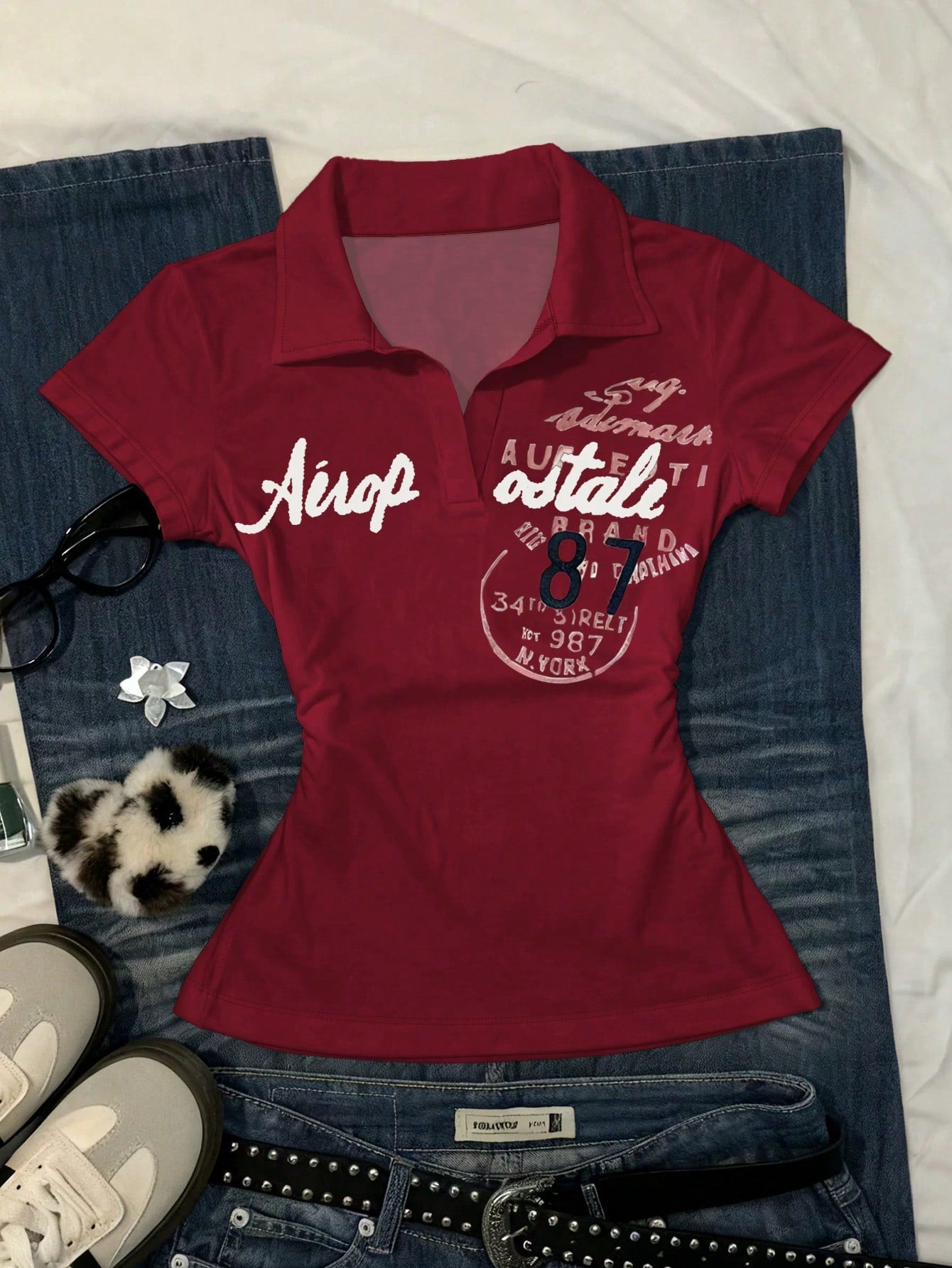 IslaSuriya Women's Casual T-Shirt Letter Print Burgundy