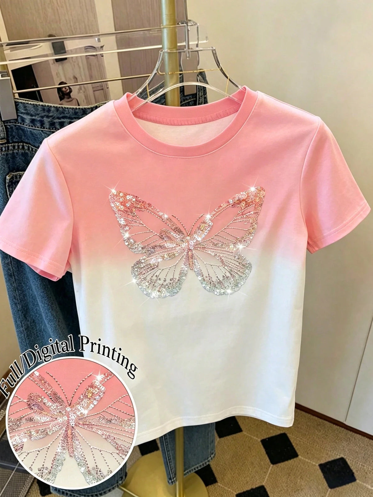 Girls' Ombre Gradient Sequin Butterfly Print T-Shirt