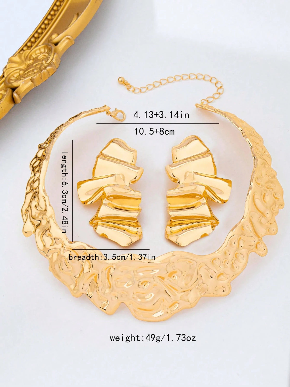 Women's Hammered Asymmetrical Gold Necklace Earring Set