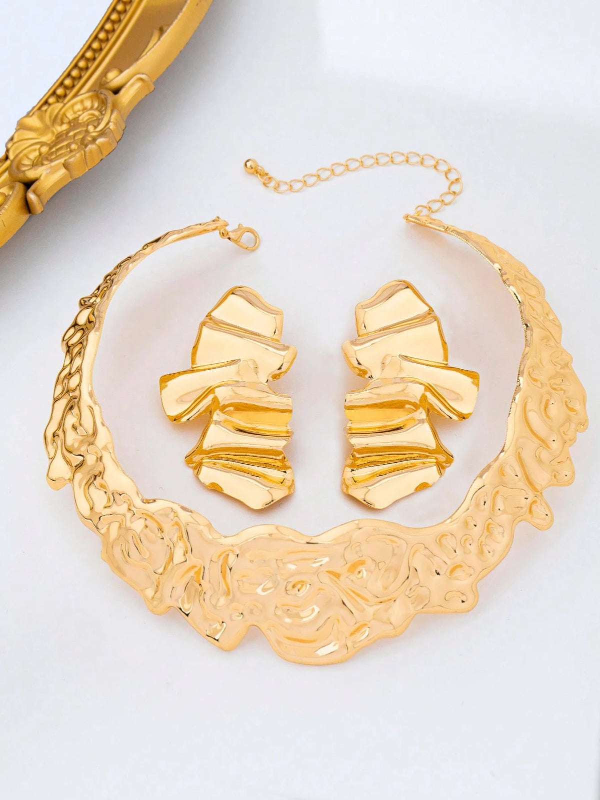 Women's Hammered Asymmetrical Gold Necklace Earring Set