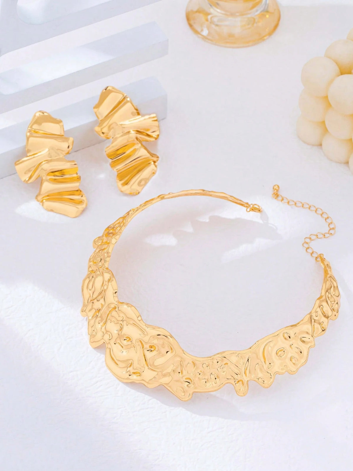 Women's Hammered Asymmetrical Gold Necklace Earring Set